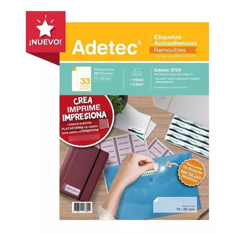 ADETEC - 330 Etiquetas Adhesivas Removibles 70x25 mm X 10 Hojas