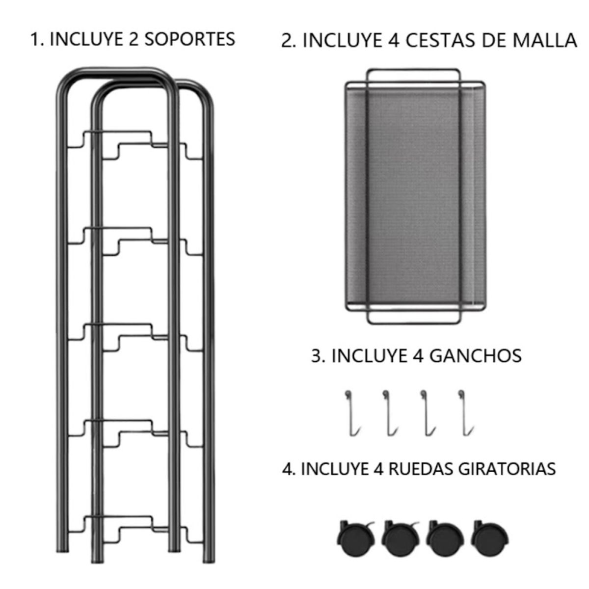 GENERICO - Carrito Estante Organizador 4 Cestas Estante Metálico Giratorio