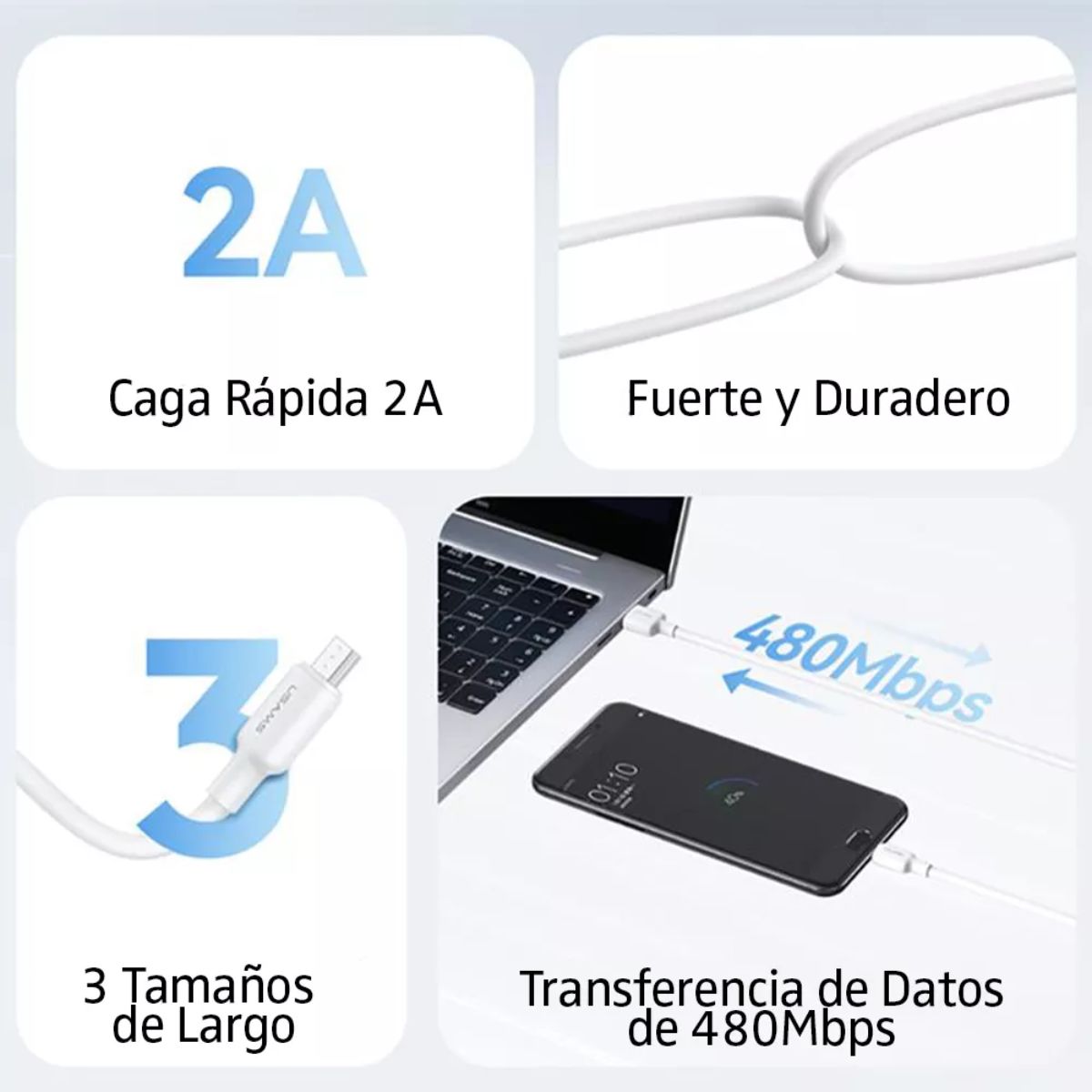 USAMS - Cable Cargador Usams Sj607 Usb A Micro 2a Carga Rapida 1m