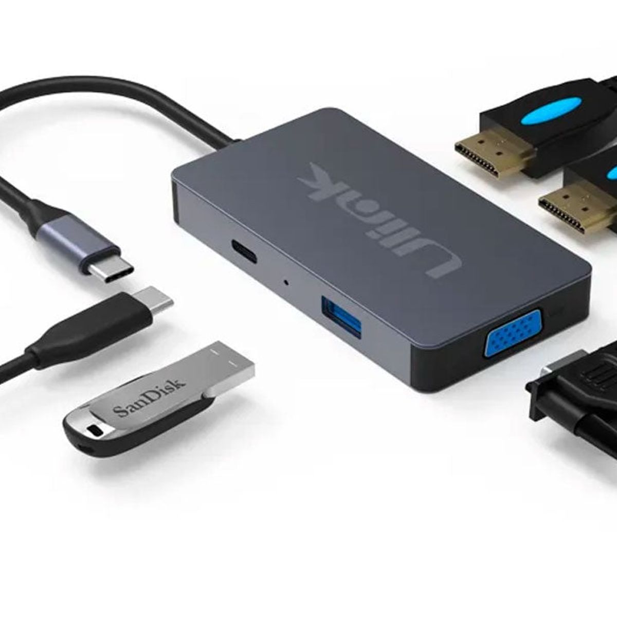 FACTORYTECH - Adaptador USB-C 5 en 1 Notebook Macbook VGA HDMI USB Unitek