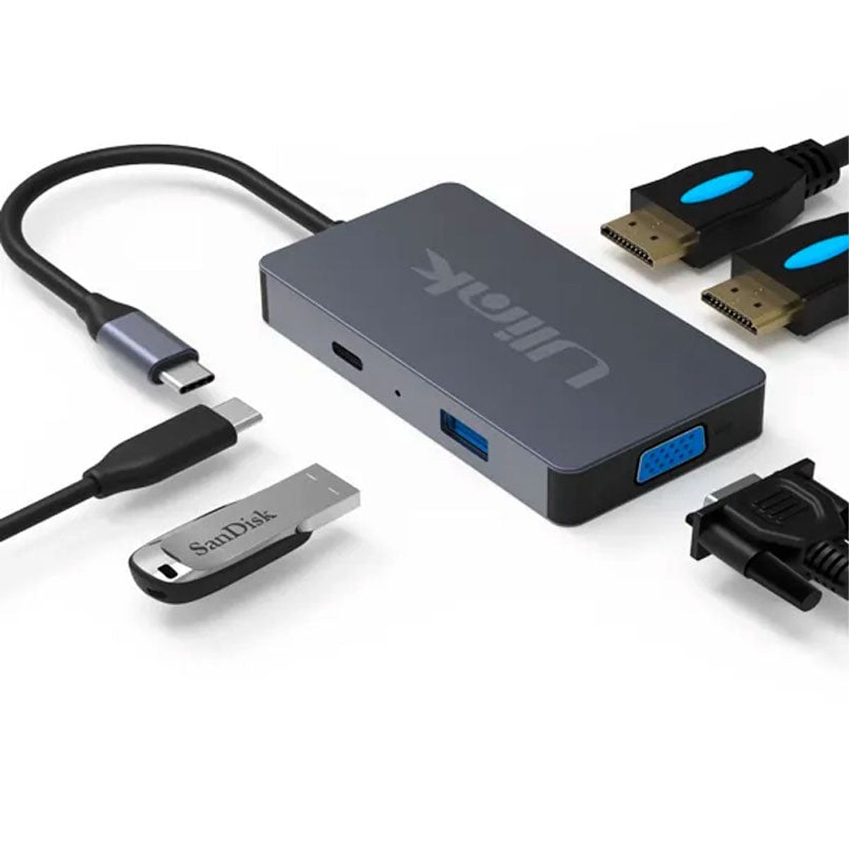 FACTORYTECH - Adaptador USB-C 5 en 1 Notebook Macbook VGA HDMI USB Unitek