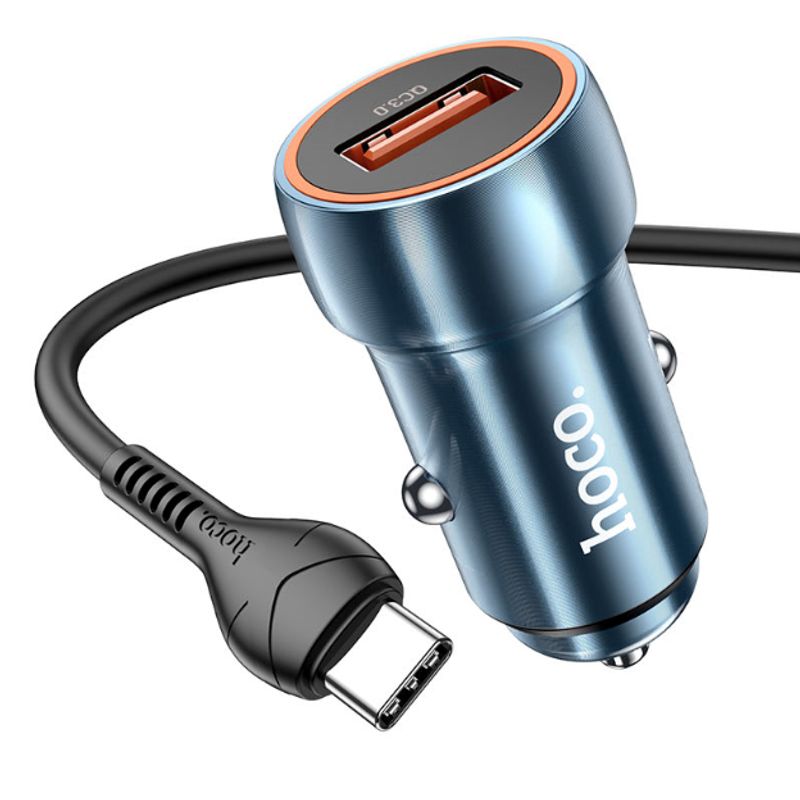 FACTORYTECH - Cargador Auto Con Cable Tipo C Azul QC3 Hoco Z46