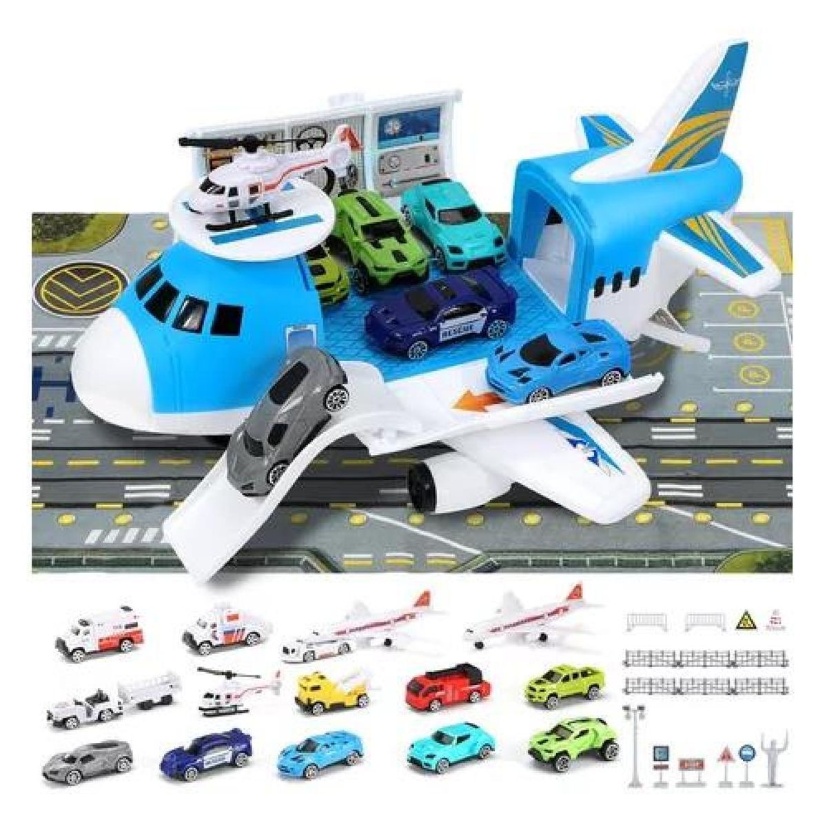 GENERICO - Avión de rescate porta 12 vehículos juguete para niños celeste