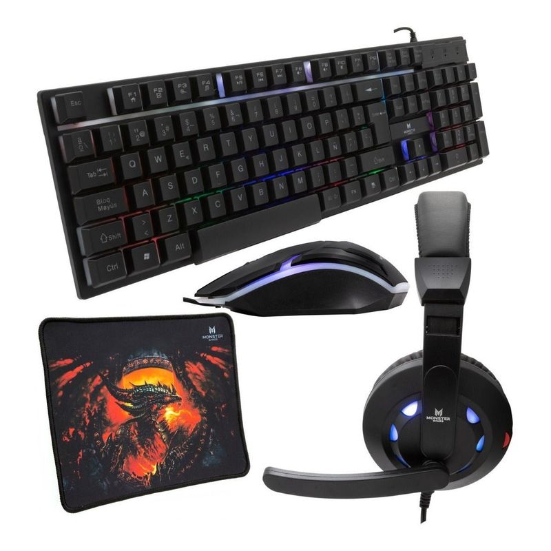 FACTORYTECH - Kit Gamer Teclado Mouse Audfonos Monster Games Crew 4 EN 1