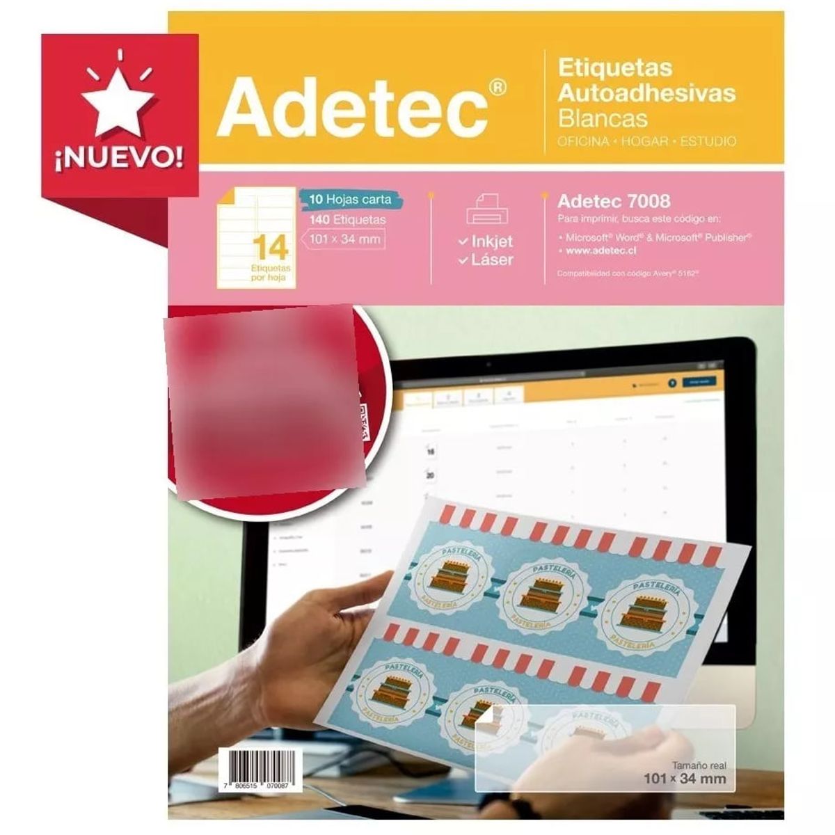 ADETEC - 140 Etiquetas Adhesivas Inkjet/laser 101x34 mm 10 Hojas