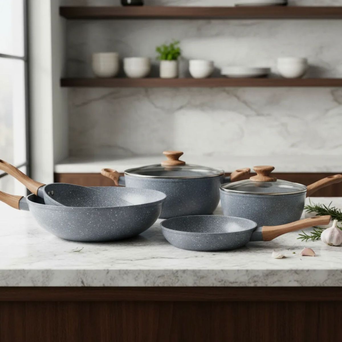 GENERICO - Bateria De Cocina 7 Piezas Antiadherente Ceramica Marmolada