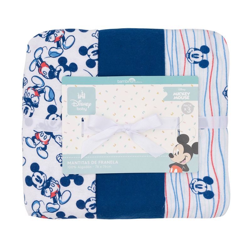 BAMBINO - Set 3 Mantita Franela Azul Mickey Lineas Niño