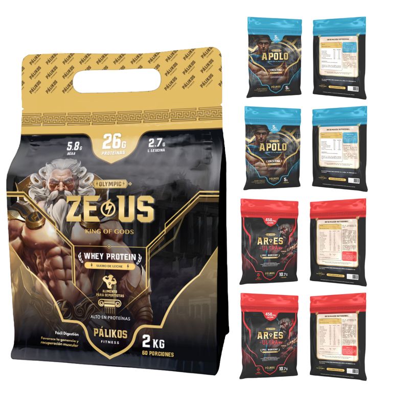 PALIKOS FITNESS - Proteina whey chocolate 2 kg + 4 sashet pre entreno + 4 de creatina