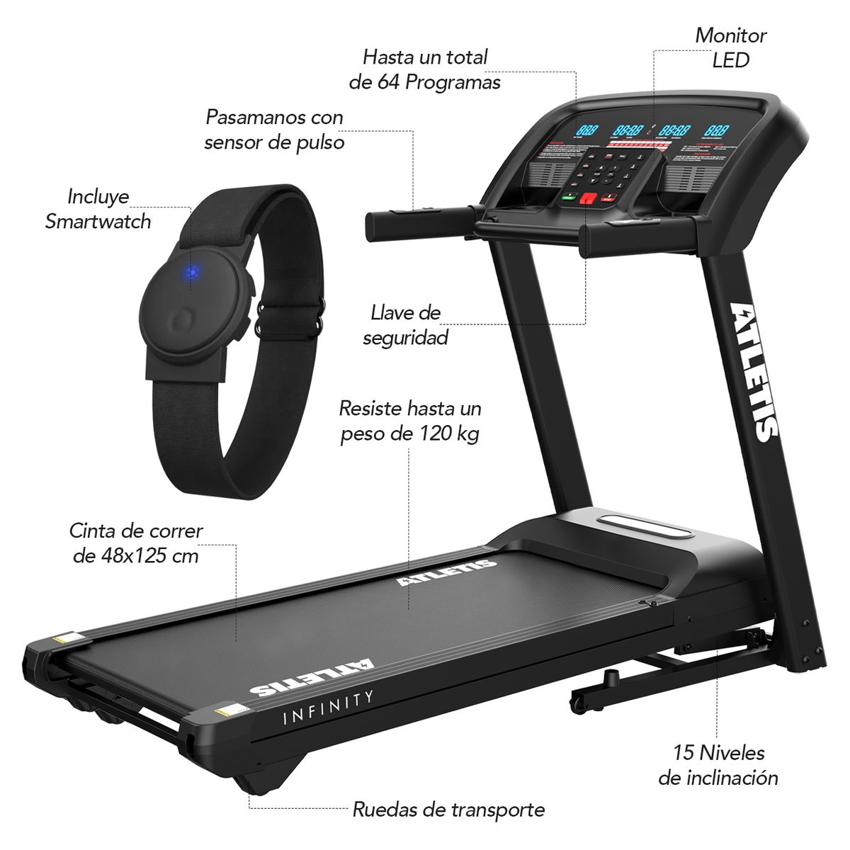 ATLETIS - Trotadora SmartRun 900 18 km/h 3.0 HP Smartwatch