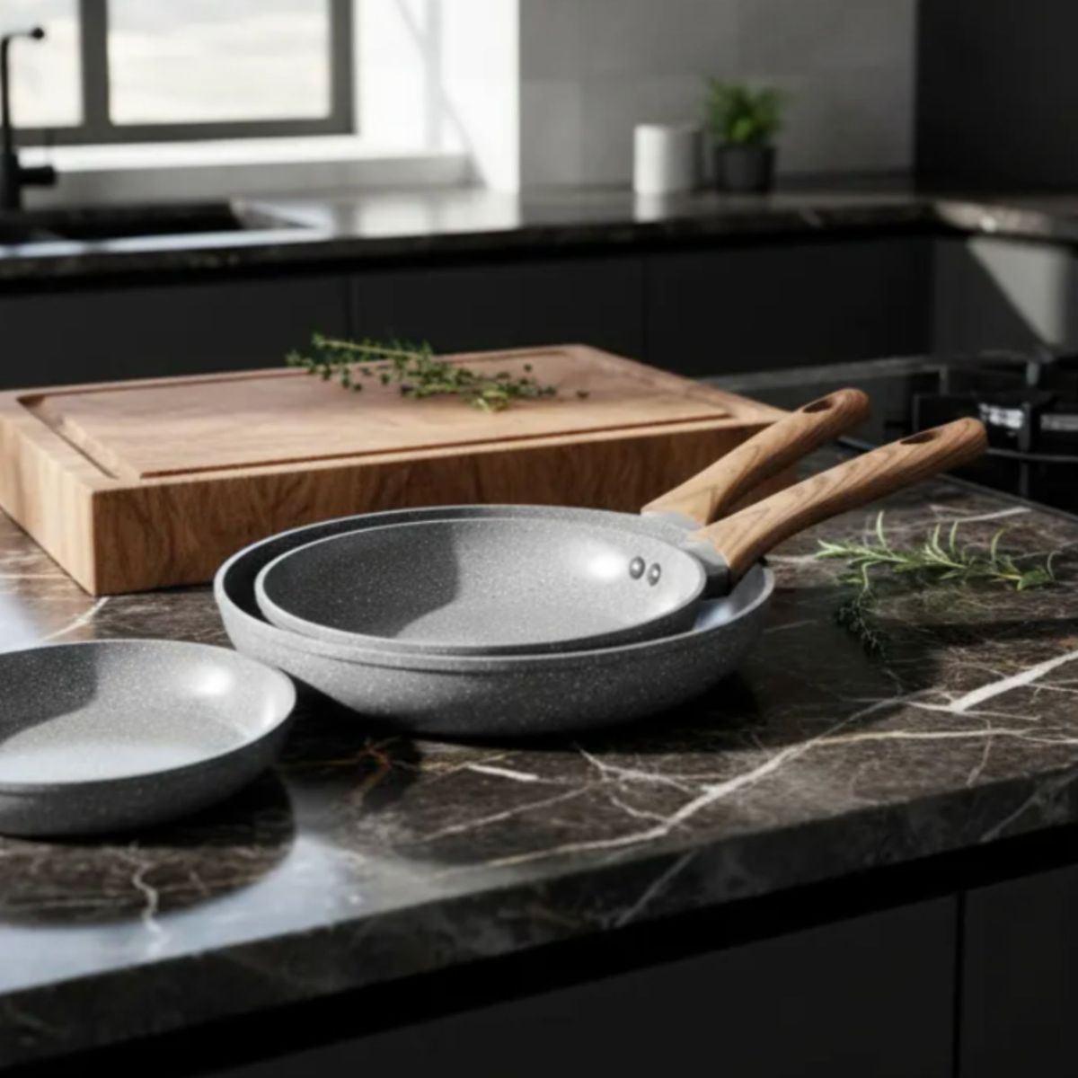 GENERICO - Bateria De Cocina 2 Sartenes Piezas Antiadherente Ceramica Marmolada