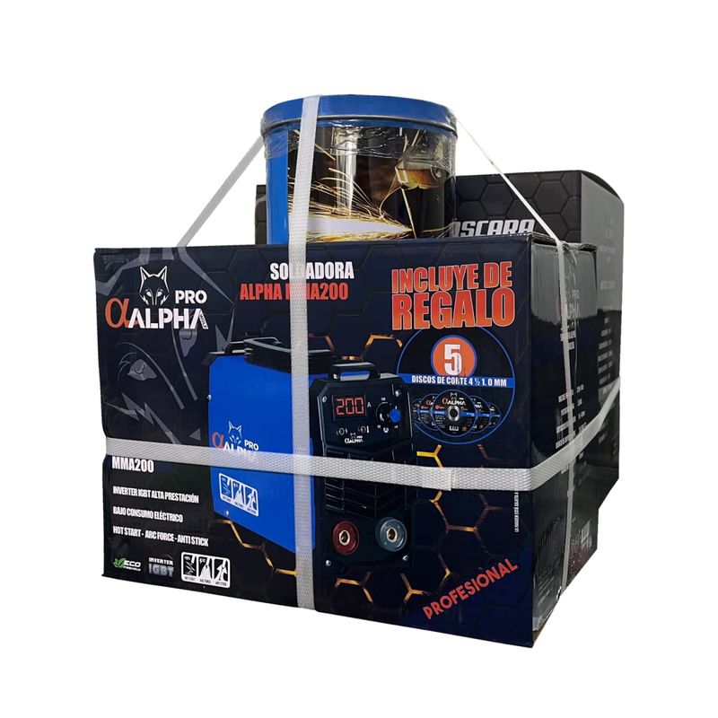 ALPHA PRO - Pack Soldadora 200amp MMA + Mascara + 55 Discos de Corte 4-1/2″ 1.0mm Alpha Pro