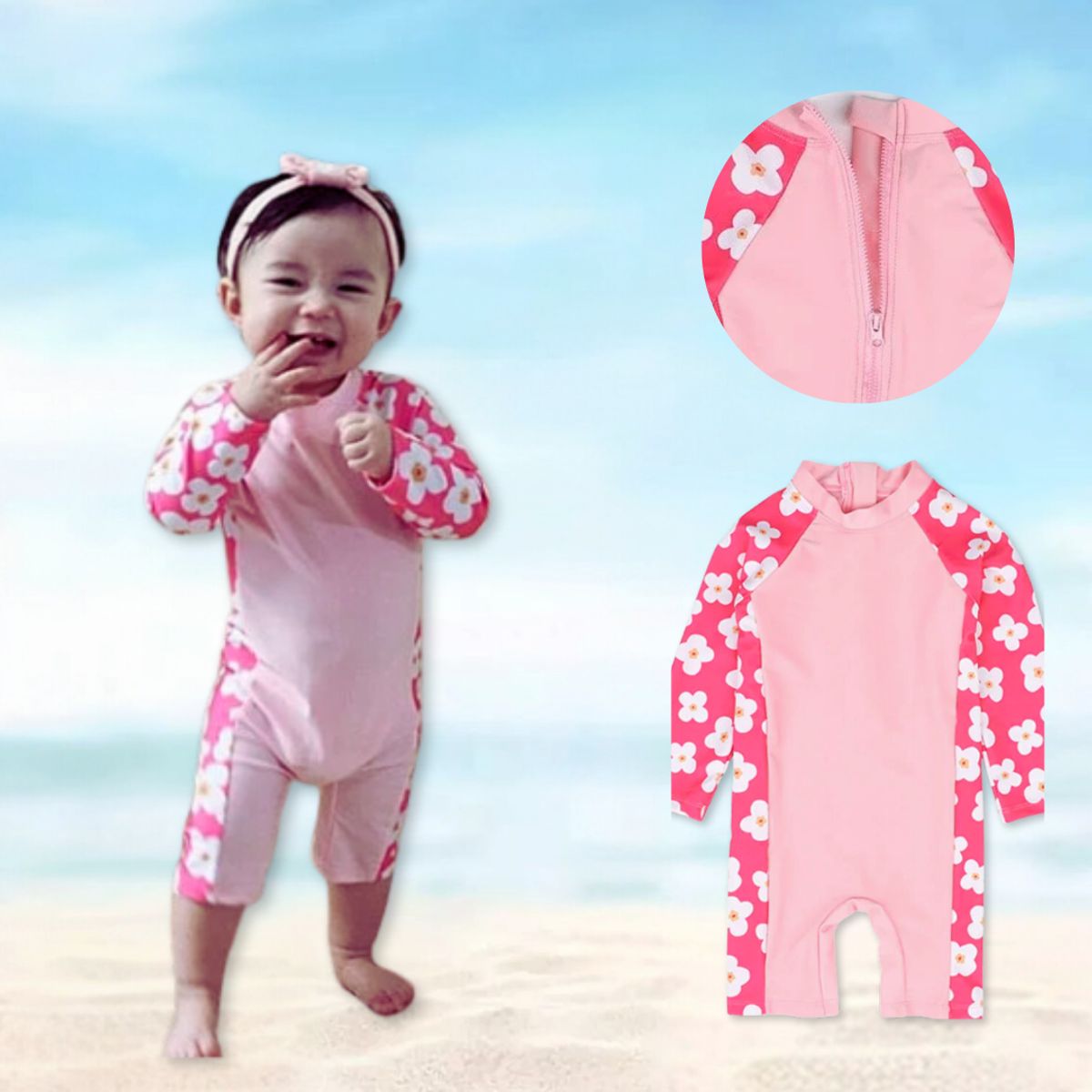 JUMP KIDS - Traje de Baño Enterito Manga Larga Niña Jump Kids Flores Rosa