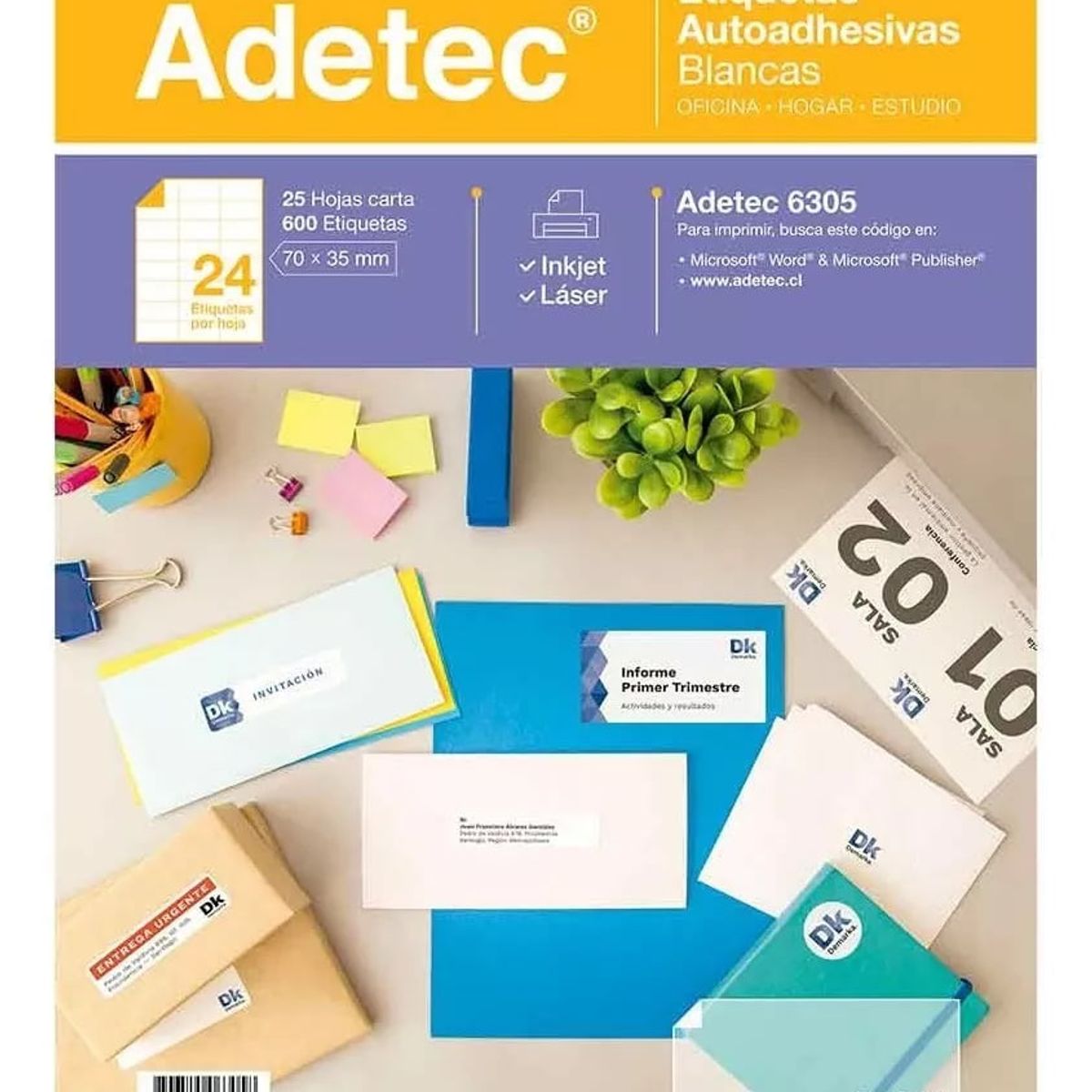ADETEC - 600 Etiquetas Adhesivas (70x35mm) Inkjet/láser- 25 Hojas