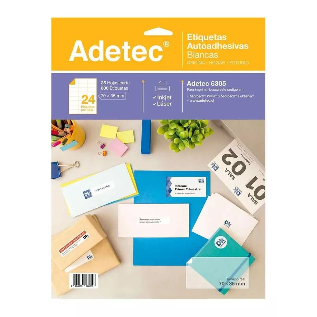 ADETEC - 600 Etiquetas Adhesivas (70x35mm) Inkjet/láser- 25 Hojas