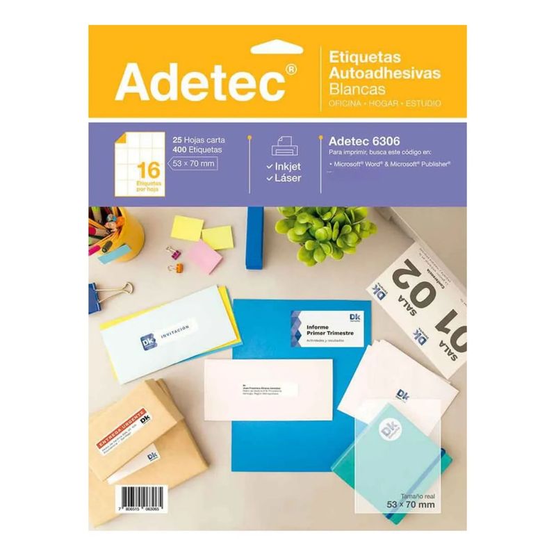 ADETEC - 400 Etiquetas Adhesivas Inkjet/laser 53x70 mm 25 Hojas