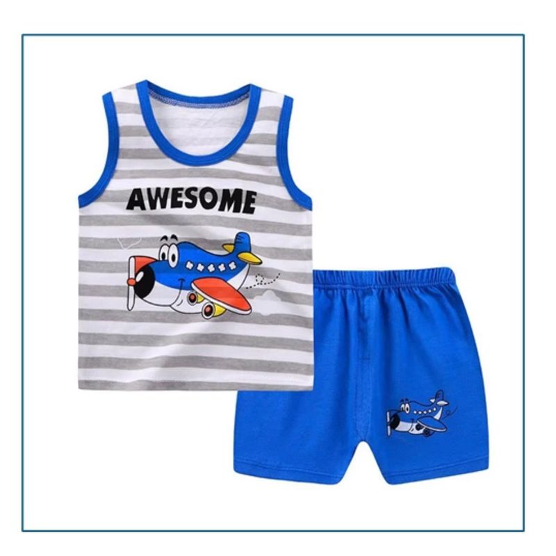 KIVARA - Conjunto Niño Short Polera Sin Mangas Algodón Avion Rayas