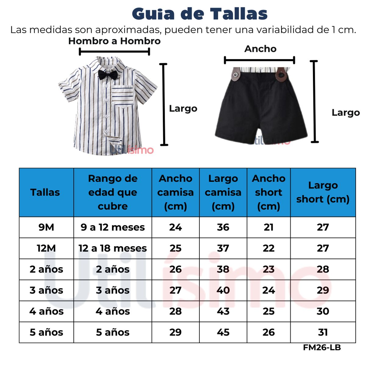 JUMP KIDS - Conjunto de vestir con corbatín y pantalón corto 9 meses a 5 años