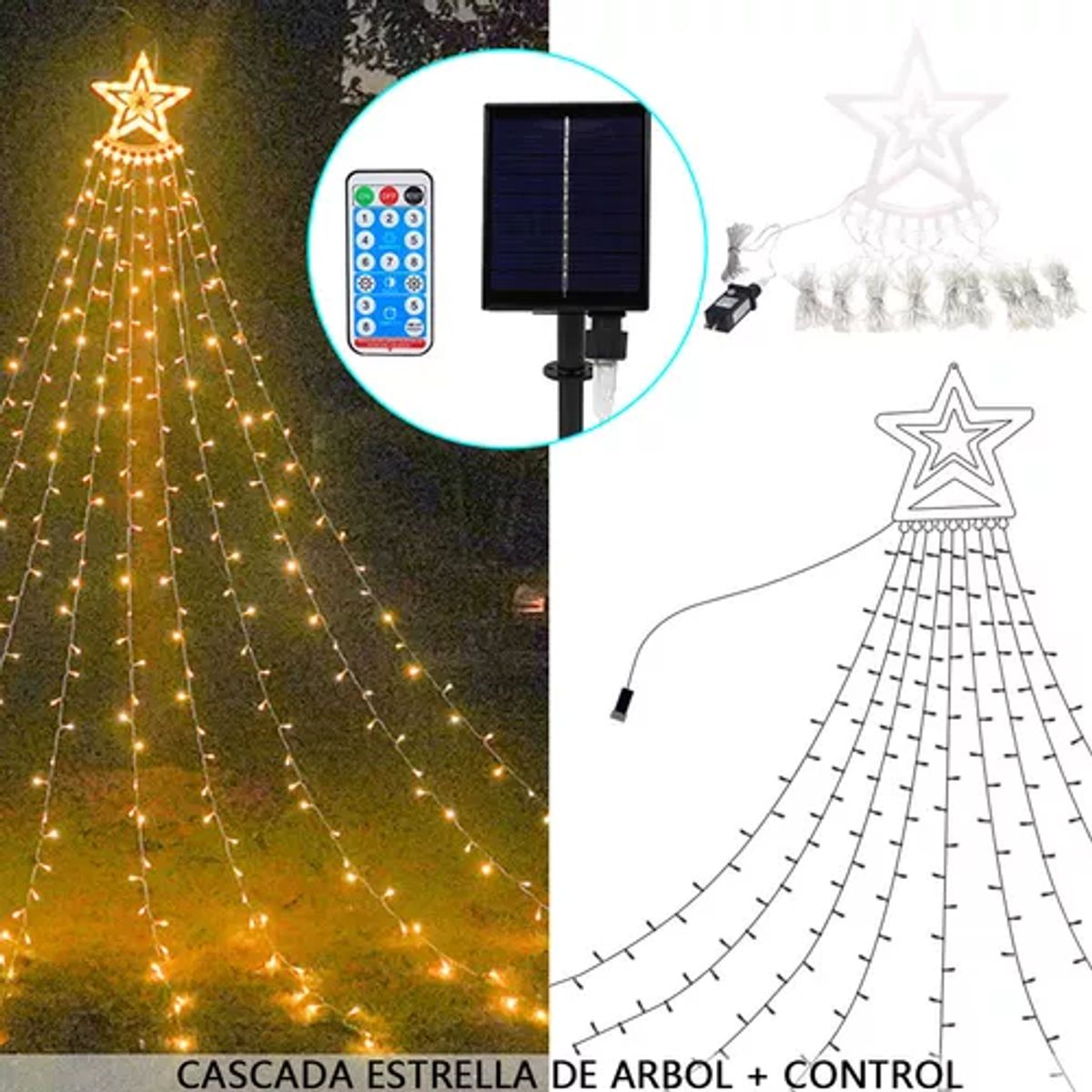 SUPERCENTER - Luces Solar Navidad Cascada Estrella Árbol 3m Control Amarillo