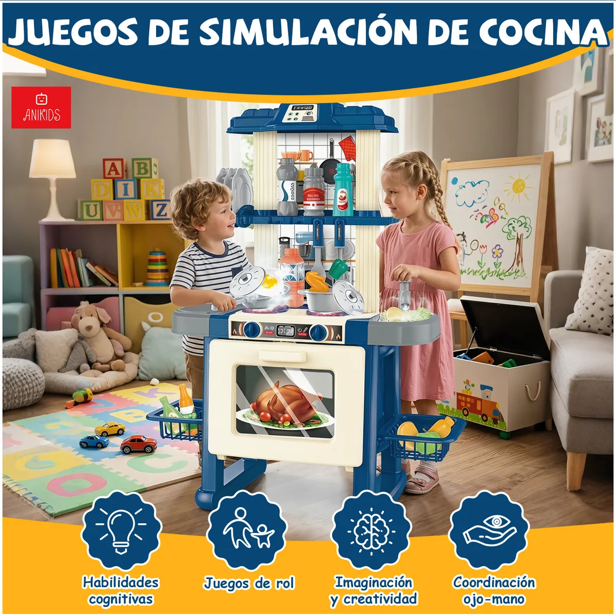 ANIKIDS - Cocina De Juguete Grande 69pcs Niños Luz Sonido 71cm Azul