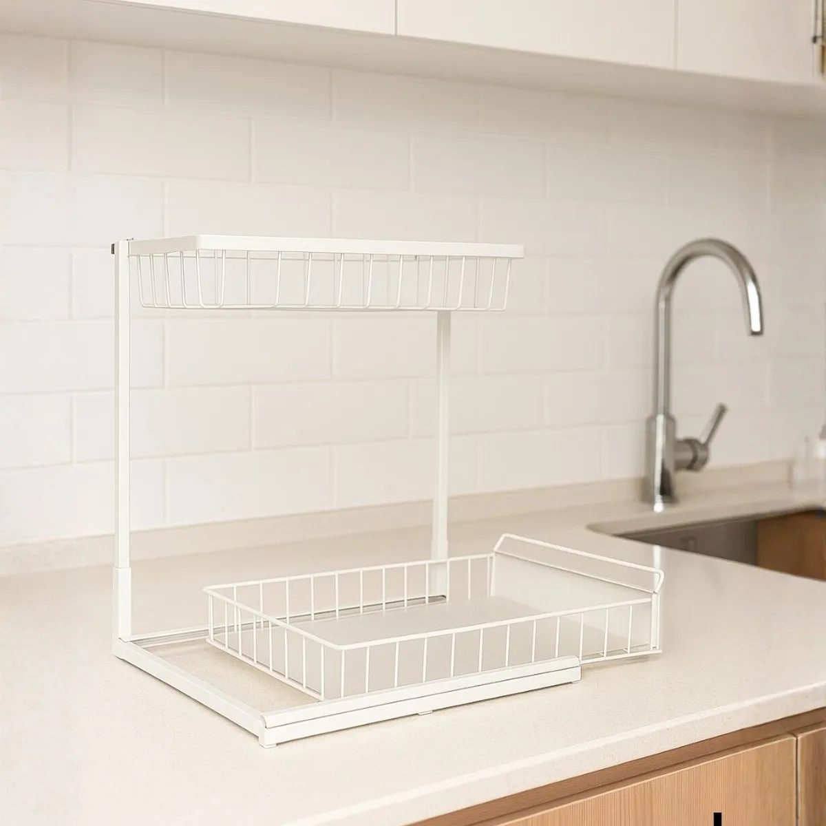 BAZUCA - Organizador Estante Uso Bajo Lavaplatos 2 Niveles Cocina Baño Blanco