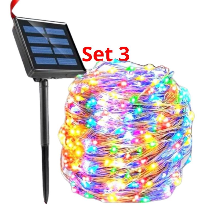 GENERICO - Set 3 Luz Hada Carga Solar 100 Led Luz Multicolor 10 Metros Navideño