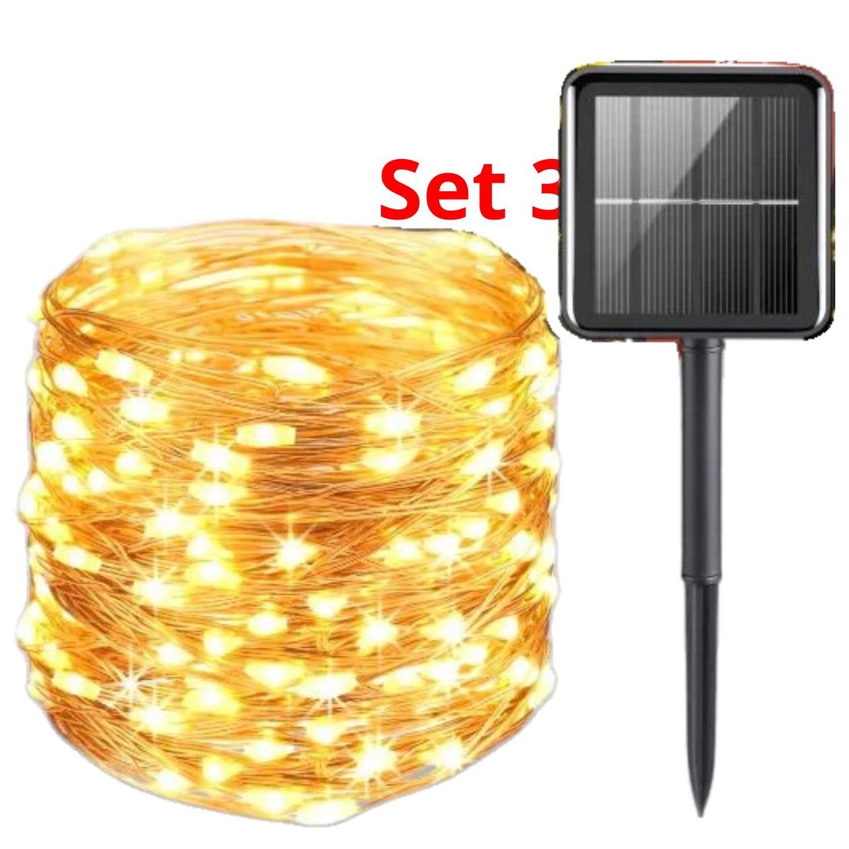 GENERICO - Set 3 Luz Hada Carga Solar 200 Led Luz Cálida 20 Metros Navideño