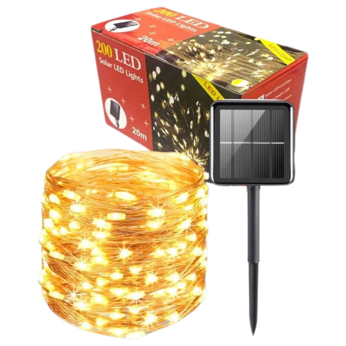 GENERICO - Set 3 Luz Hada Carga Solar 200 Led Luz Cálida 20 Metros Navideño