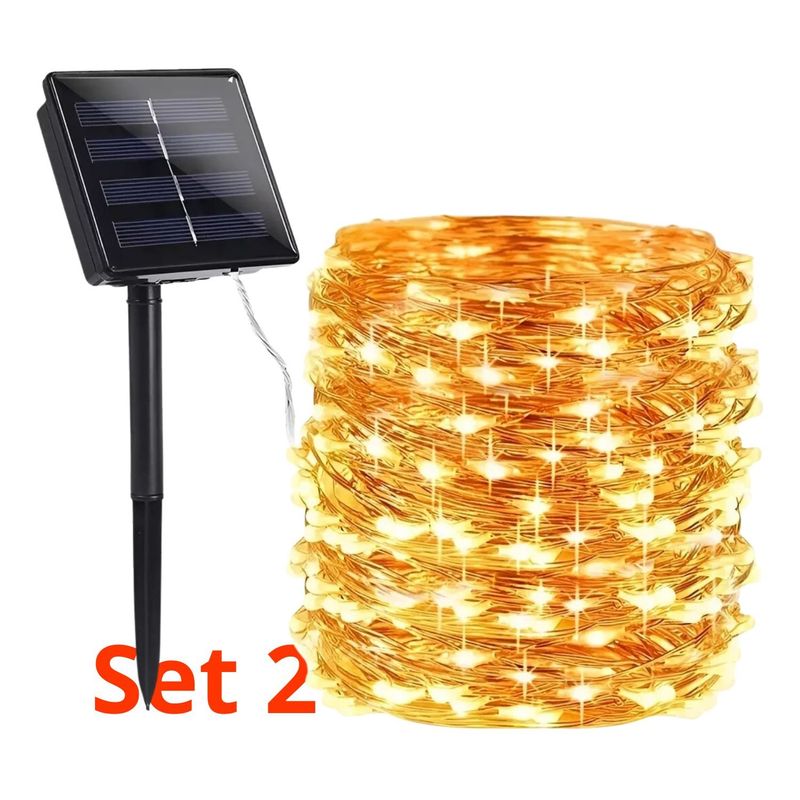 GENERICO - Set 2 Luz Hada Carga Solar 100 Led Luz Cálida 12 Metros Navideño