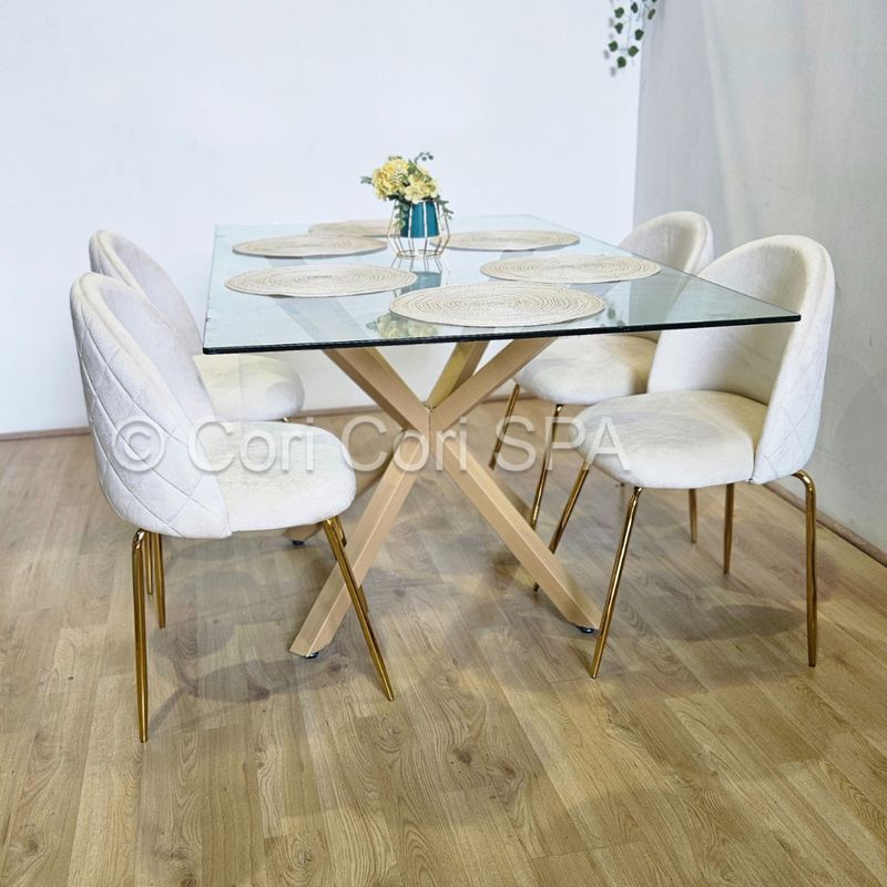 CORI CORI - Juego Comedor Madrid Vidrio 140x80cm + 4 Sillas Bread Gold Beige