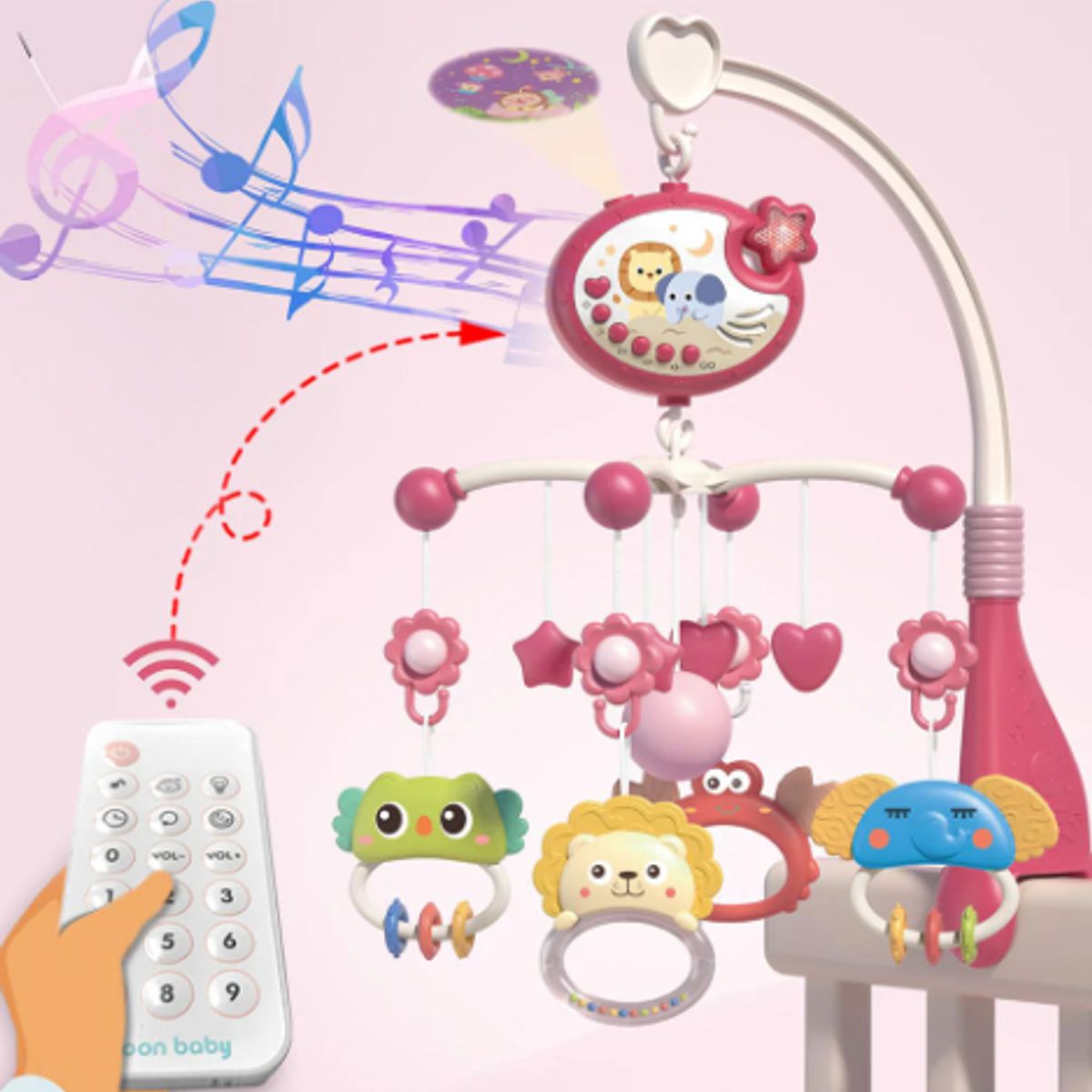 GENERICO - MOVIL BEBE MUSICAL PROYECTOR CUNAS Y COCHE 360 GRADOS ROSADO