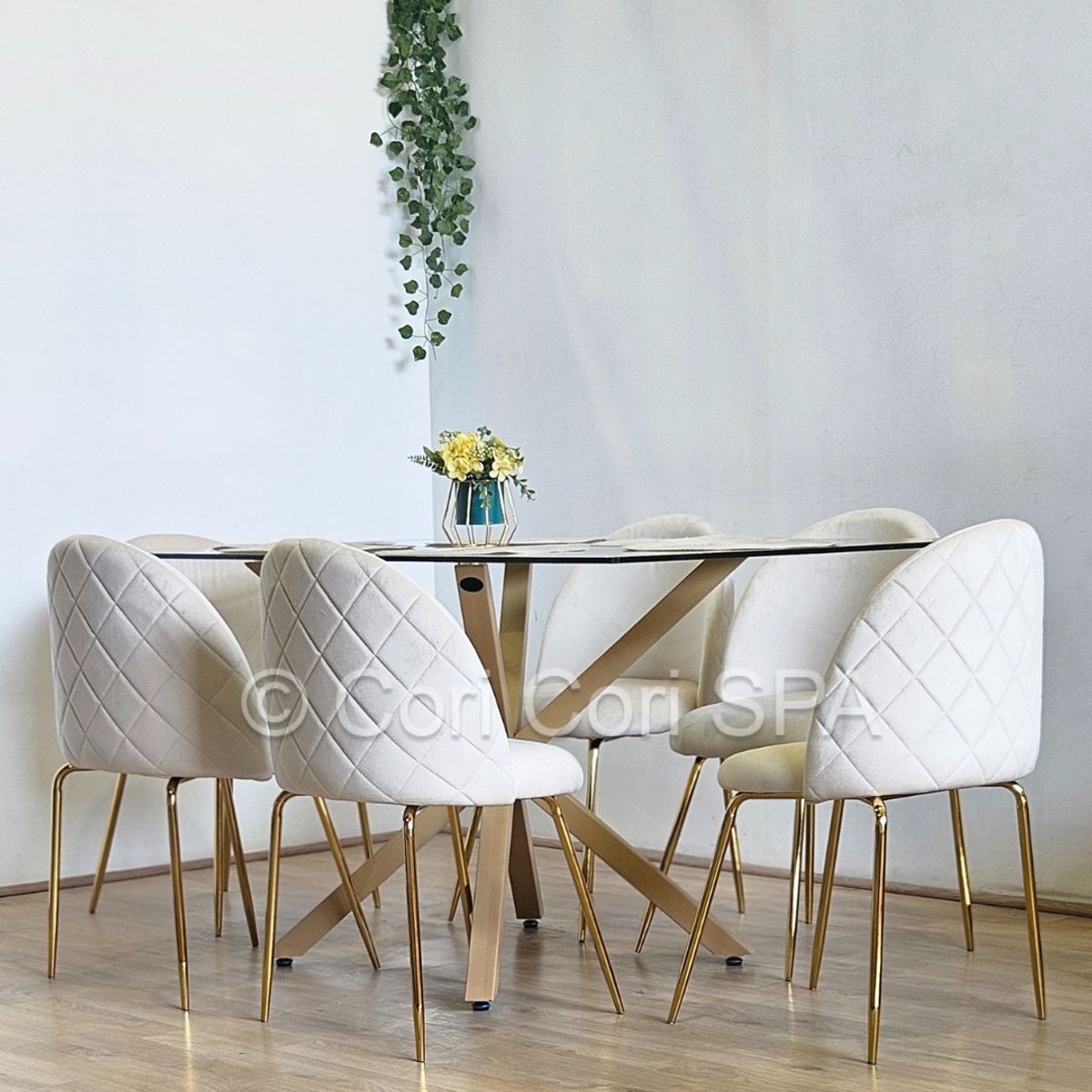 CORI CORI - Juego de Comedor Madrid Vidrio 160x90cm + 6 Sillas Bread Gold Beige