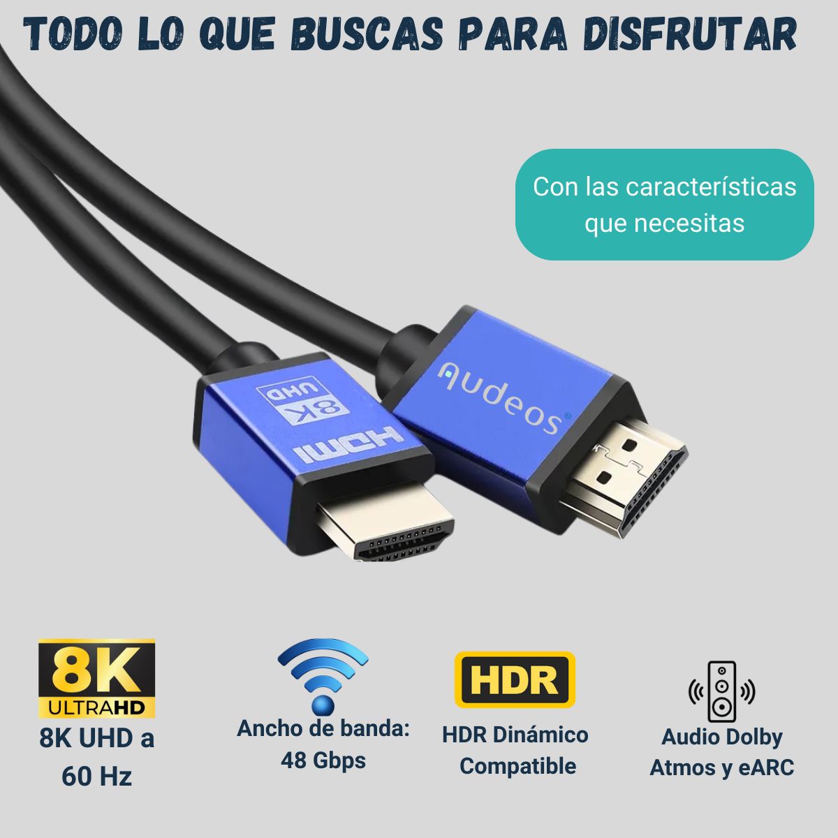 GENERICO - Cable Hdmi 8k / 4k Ultra Hdr V2.1 De 2,0 Mts 48gbps - Audeos