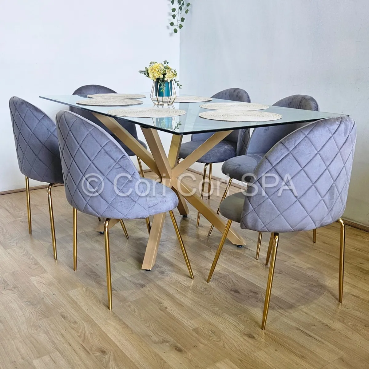 CORI CORI - Comedor Madrid Vidrio 140x80cm + 6 Sillas Bread Gold Grises