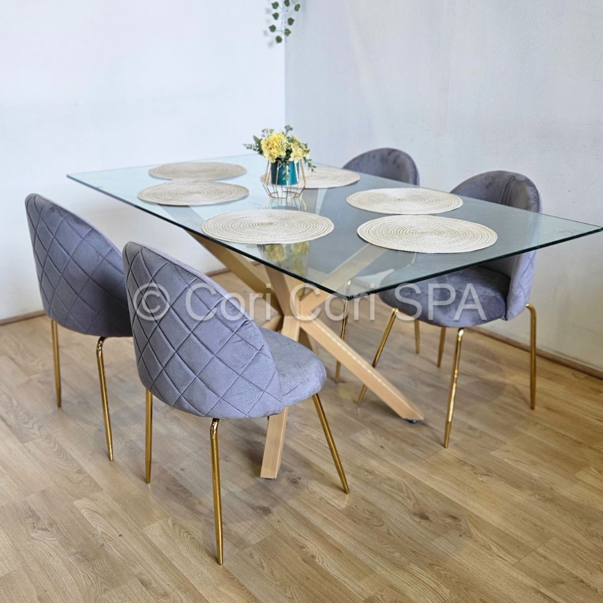 CORI CORI - Comedor Madrid Vidrio 140x80cm + 6 Sillas Bread Gold Grises