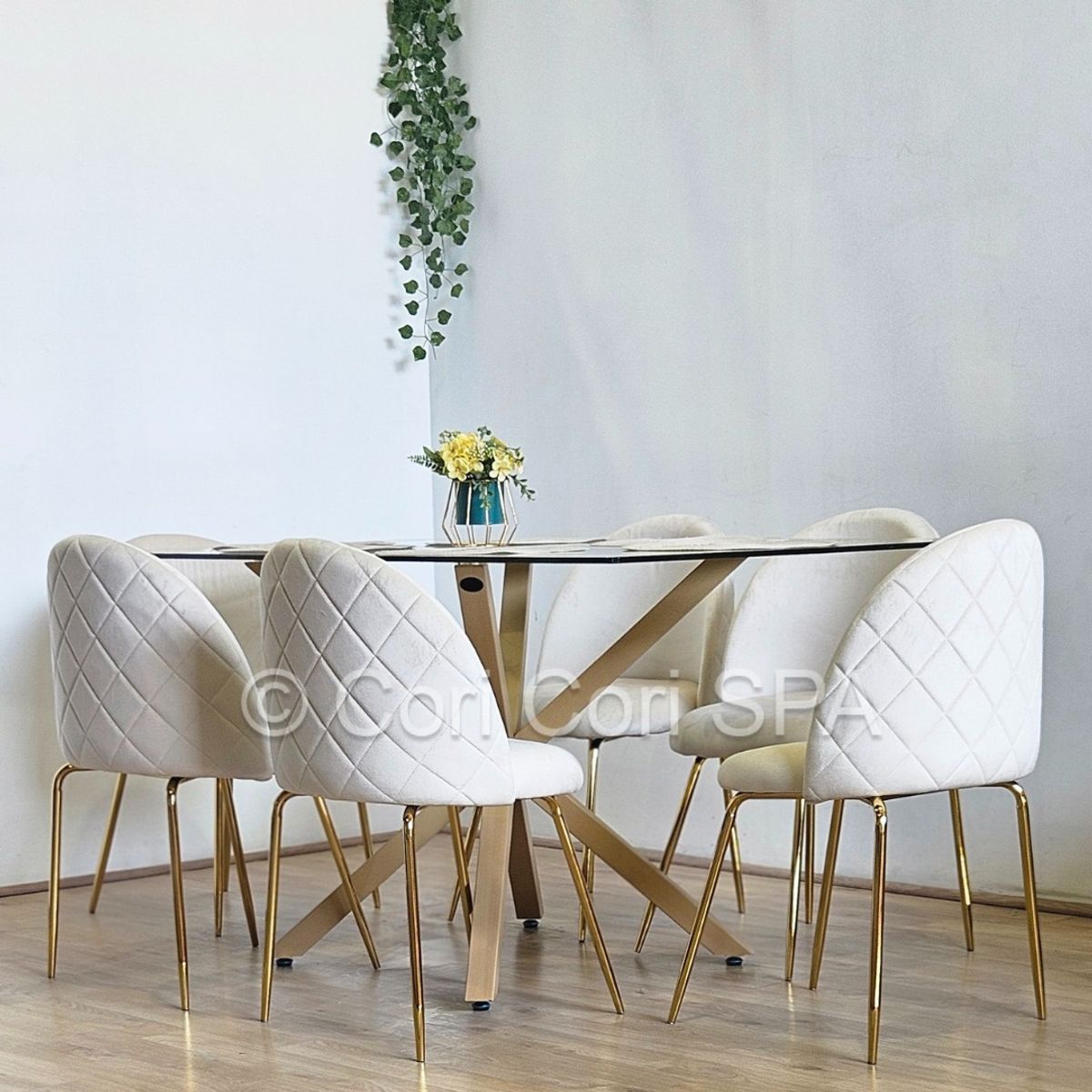 CORI CORI - Juego de Comedor Madrid Vidrio 140x80cm + 6 Sillas Bread Gold Beige