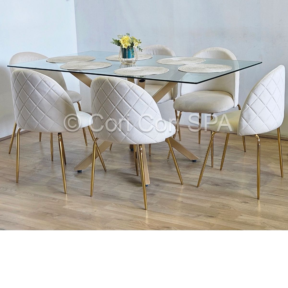 CORI CORI - Juego de Comedor Madrid Vidrio 140x80cm + 6 Sillas Bread Gold Beige