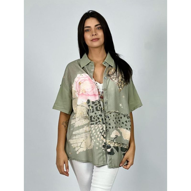 ENIGMATICA BOUTIQUE - Blusa Lino Corazón Y Flor Print - Verde - Talla Única_.