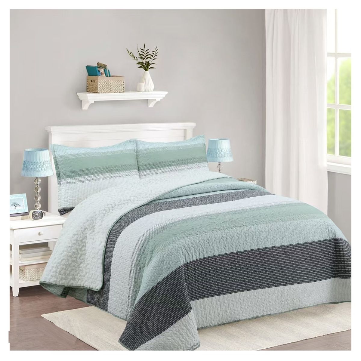 COMPRAPO - Cubrecama Quilt Sherpa King Mod. Green And Gray 2 Fundas