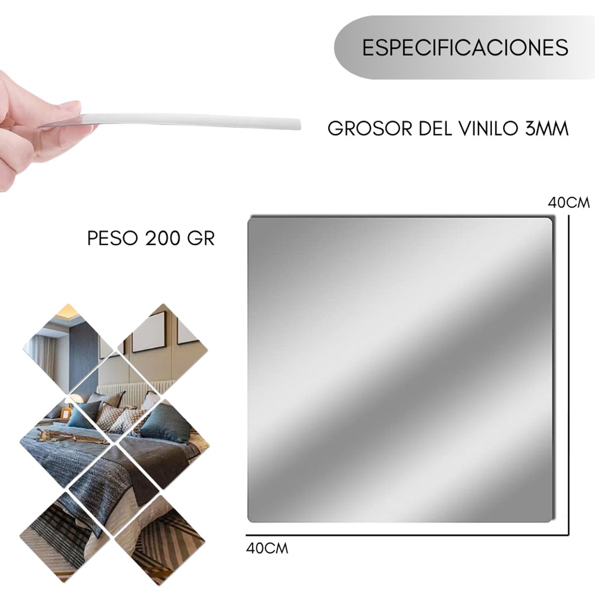 GENERICO - Pack 4 Vinilo Espejo Adhesivo Cuadrado Decorativo 40x40 Cm