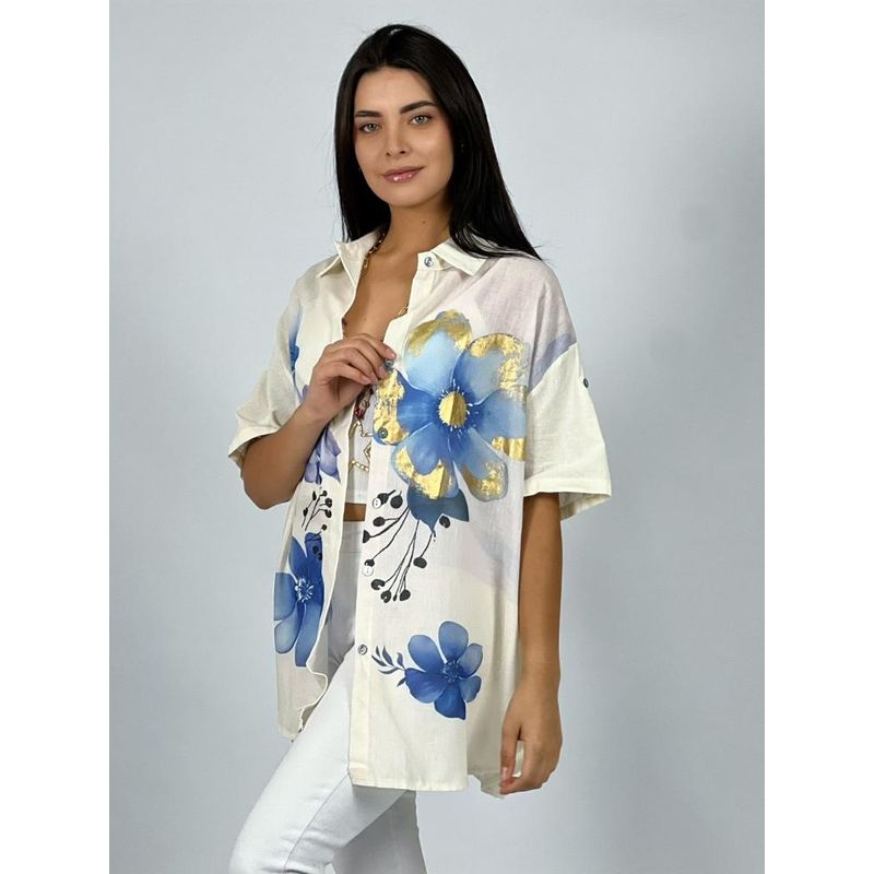 ENIGMATICA BOUTIQUE - Blusa Lino con Flores Bordes Brillantes - Fucsia - Talla Única_.