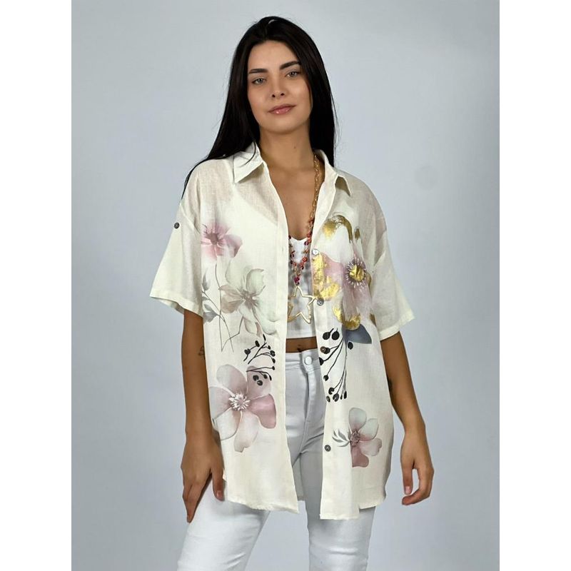 ENIGMATICA BOUTIQUE - Blusa Lino con Flores Bordes Brillantes - Fucsia - Talla Única_.