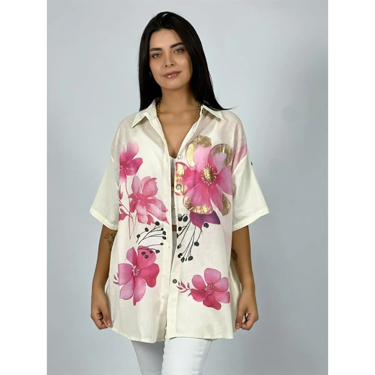 ENIGMATICA BOUTIQUE - Blusa Lino con Flores Bordes Brillantes - Fucsia - Talla Única_.