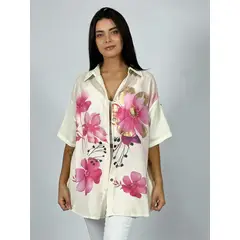 ENIGMATICA BOUTIQUE - Blusa Lino con Flores Bordes Brillantes - Fucsia - Talla Única