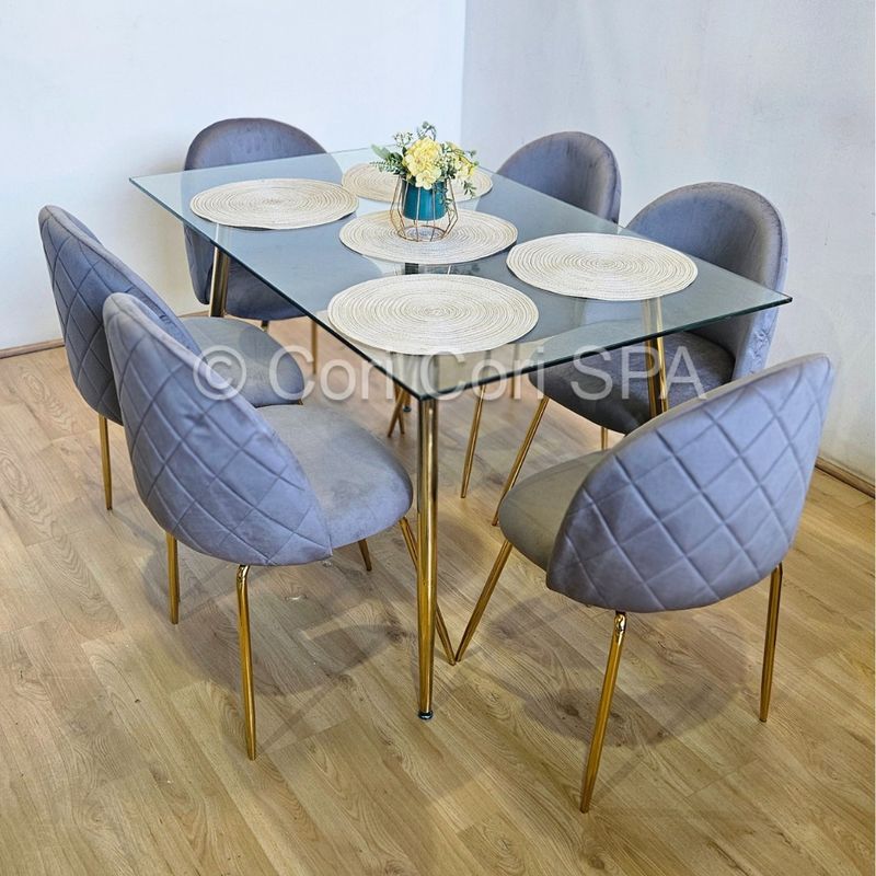 CORI CORI - Juego de Comedor Rubi Gold 130x80cms + 6 Sillas Bread Gold Velvet Gris