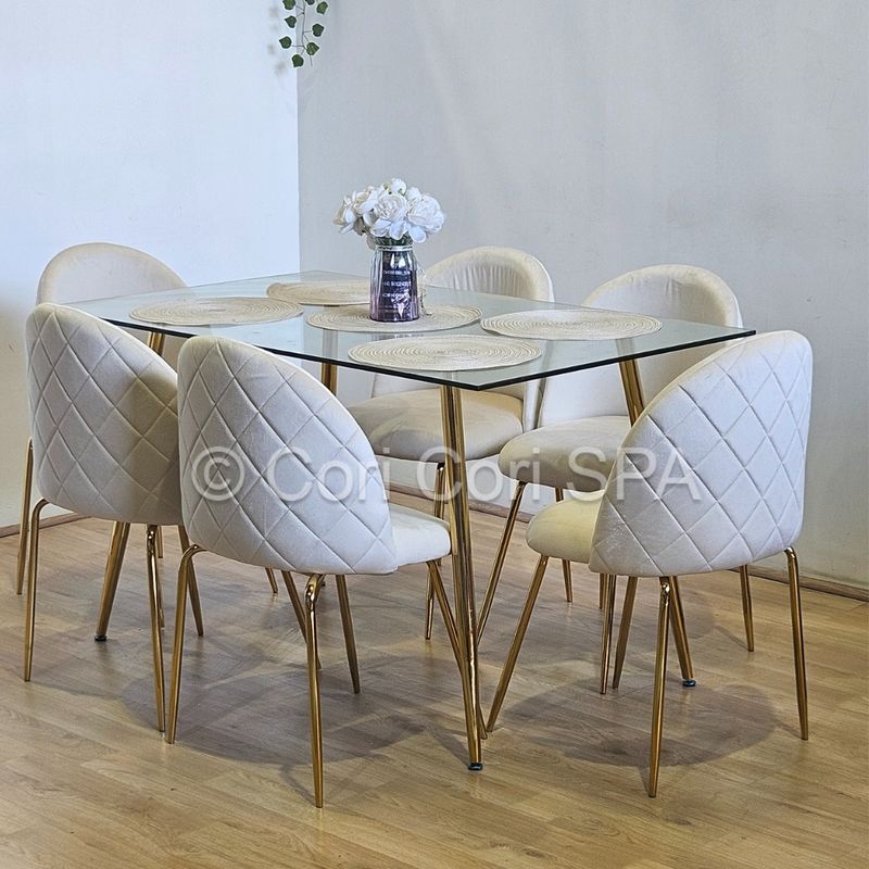 CORI CORI - Juego de Comedor Rubi Gold 130x80cm + 6 Sillas Bread Gold Velvet Beige
