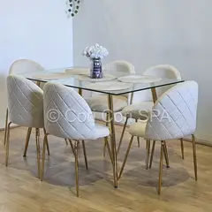CORI CORI - Juego de Comedor Rubi Gold 130x80cm + 6 Sillas Bread Gold Velvet Beige
