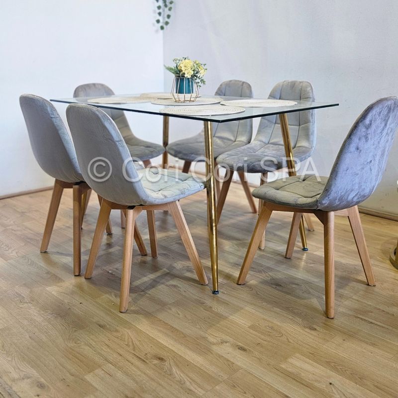 GENERICO - Comedor Rubi Gold 130x80cms  + 6 Sillas Capitonne Velvet Gris