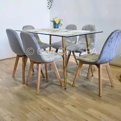 GENERICO - Comedor Rubi Gold 130x80cms + 6 Sillas Capitonne Velvet Gris