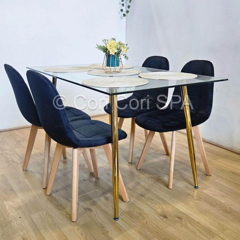 GENERICO - Comedor Rubi Gold 130x80cms  + 4 Sillas Capitonne Velvet Negro