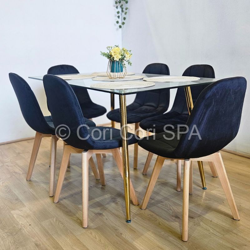 GENERICO - Comedor Rubi Gold 130x80cms  + 6 Sillas Capitonne Velvet Negro